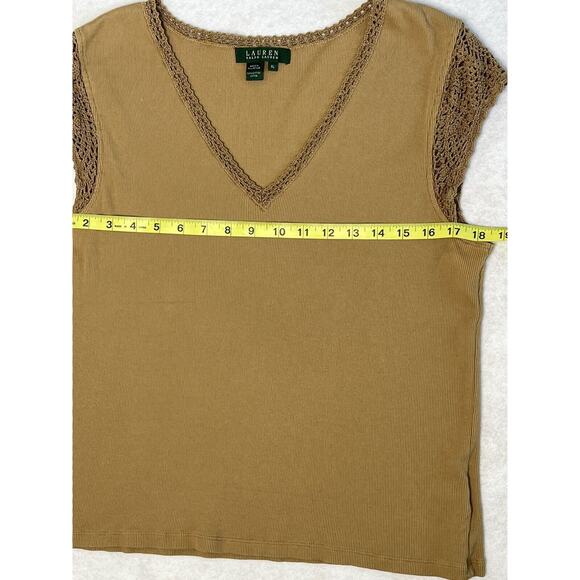 Ralph Lauren LRL Brown Tan Crochet Cap Sleeveless Ruffle Top Shirt V Neck Tank - Picture 6 of 6
